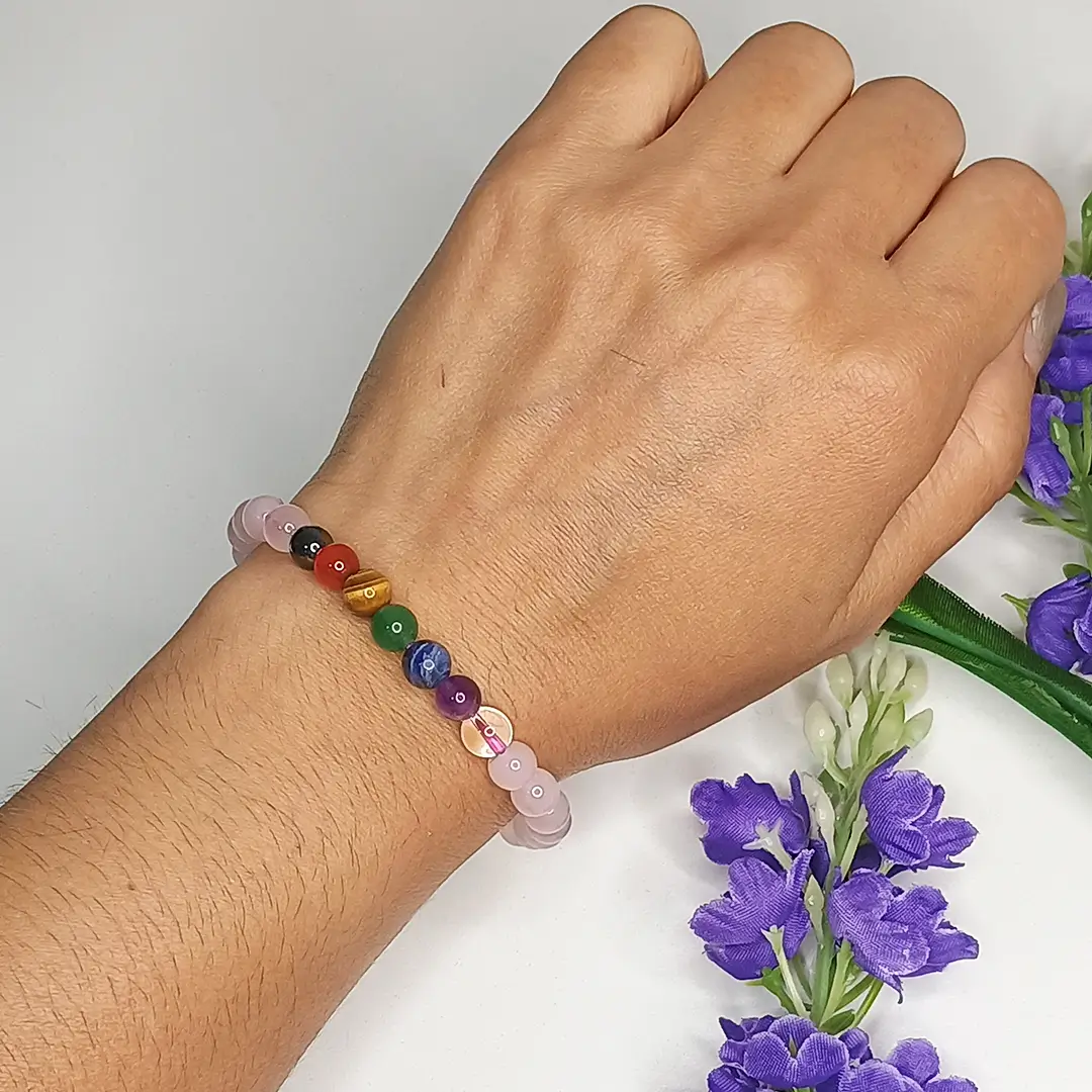 Pulseira dos 7 Chakras - (Base de Quartzo-rosa)